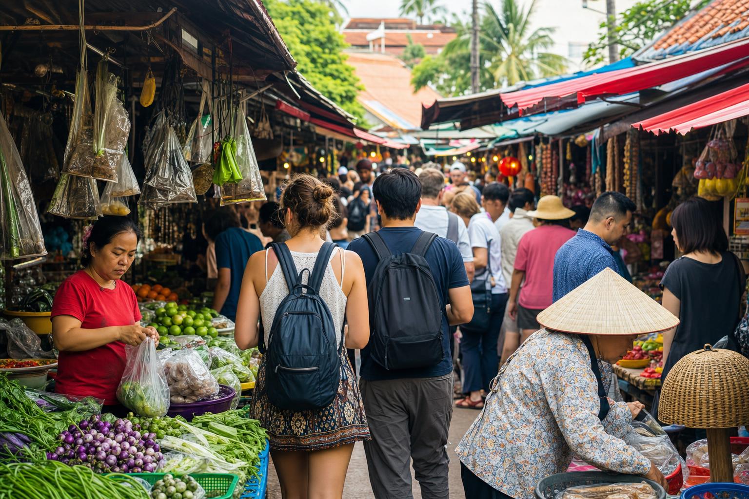 Colorful street market bustling with locals and tourists in Southeast Asia