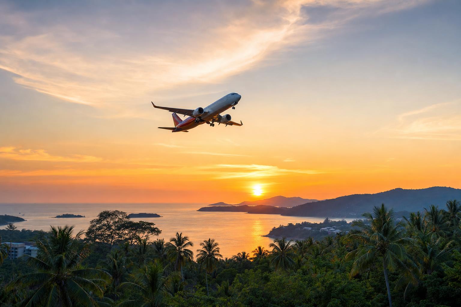 A budget airline taking off against a tropical sunset in Southeast Asia