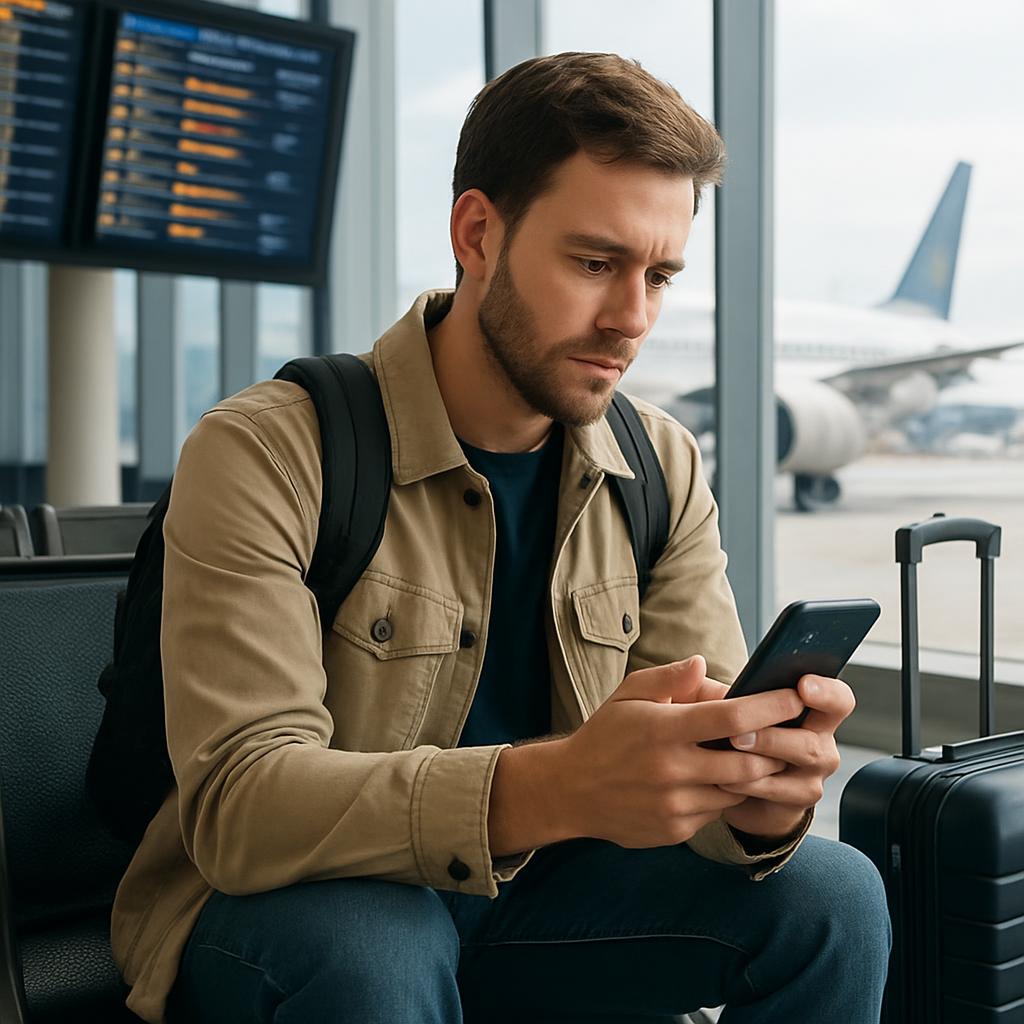 A traveler using a smartphone to check flight alerts while waiting at an airport terminal