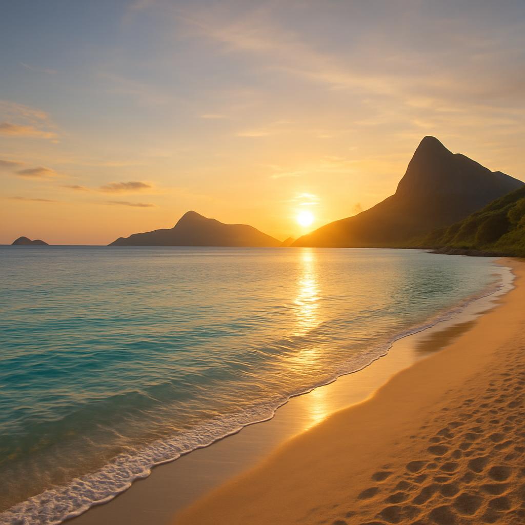 A tranquil beach on Con Dao Island with clear blue waters and a golden sunset.