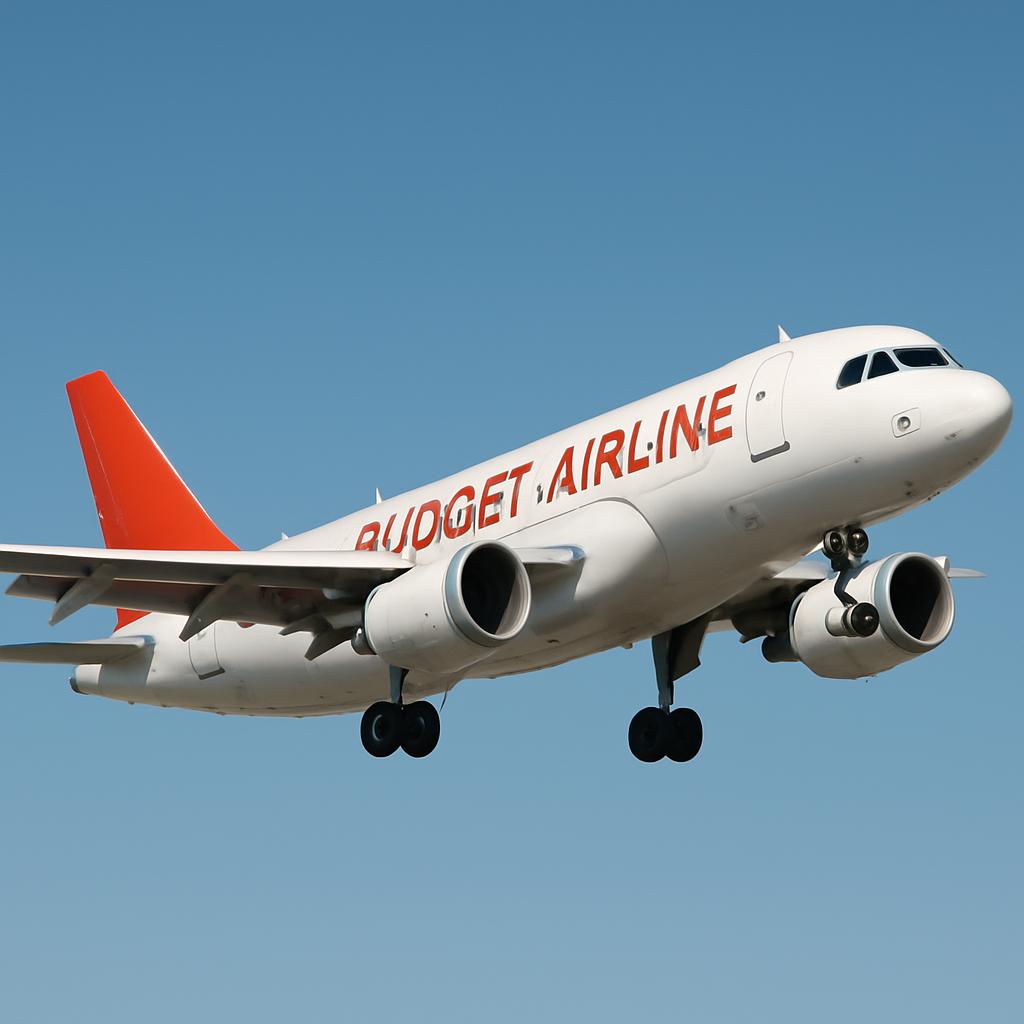 A budget airline airplane taking off against a clear blue sky.