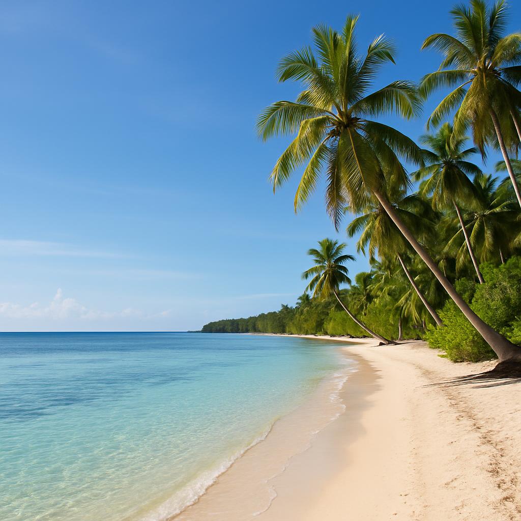 A serene beach on Siquijor Island, Philippines, with crystal-clear waters and palm trees