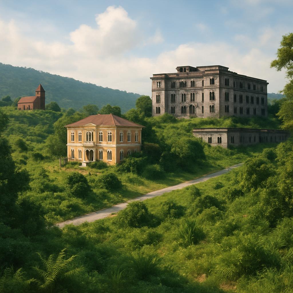 A scenic view of Bokor Hill Station in Kampot, Cambodia, with lush greenery and colonial architecture