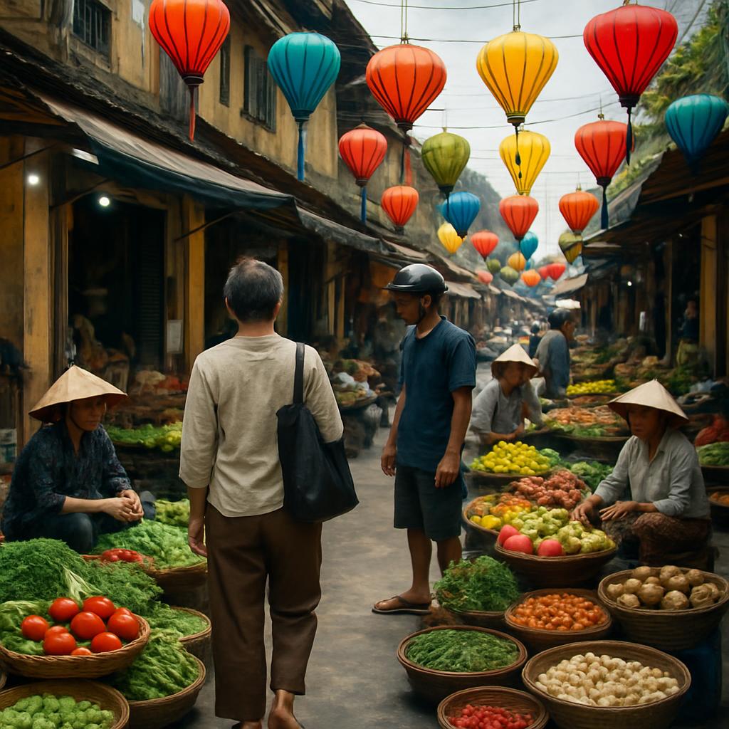 A bustling Southeast Asian street market with colorful lanterns and local vendors