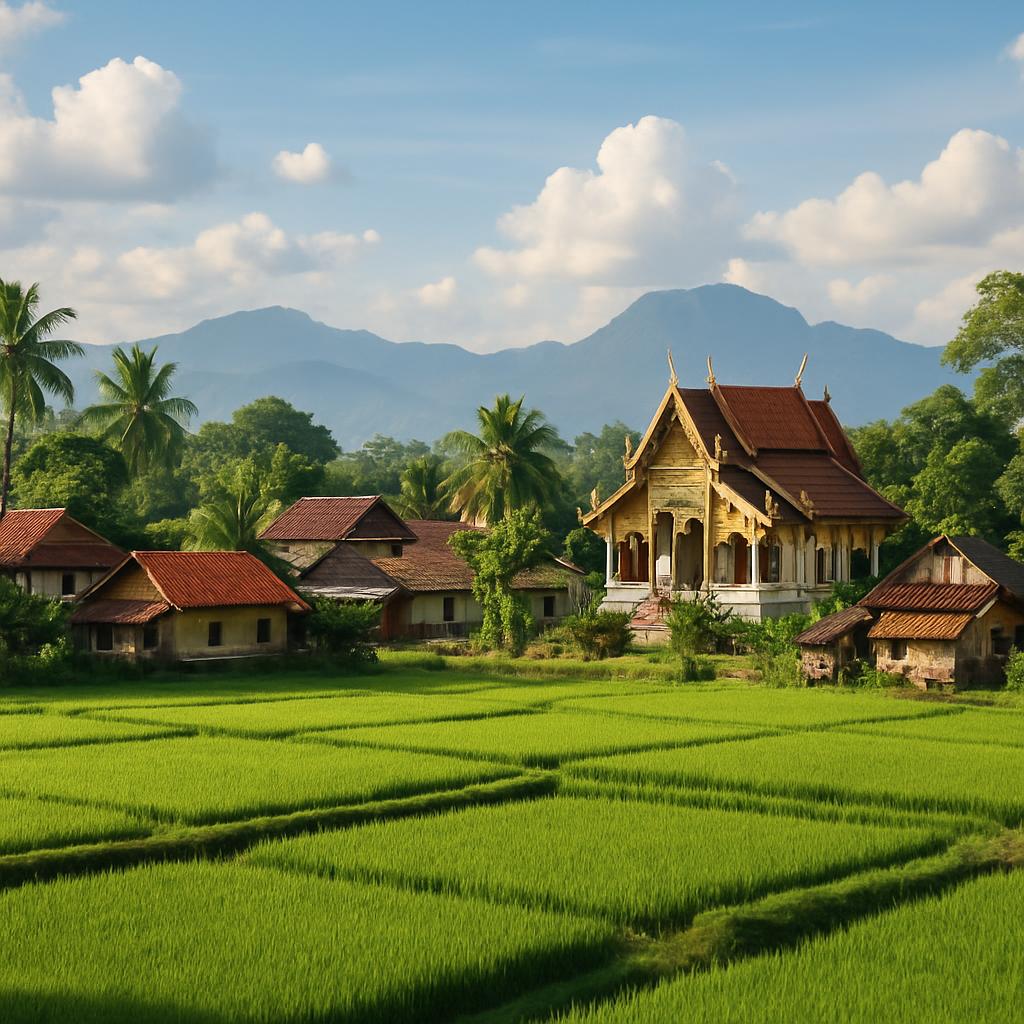 A picturesque view of a Southeast Asian village with lush green fields and distant mountains