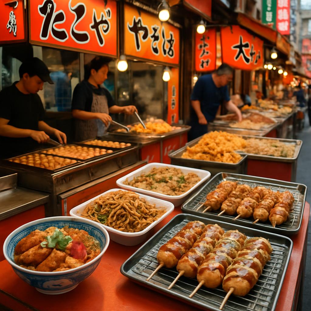Vibrant street food market in Osaka showcasing a variety of affordable dishes