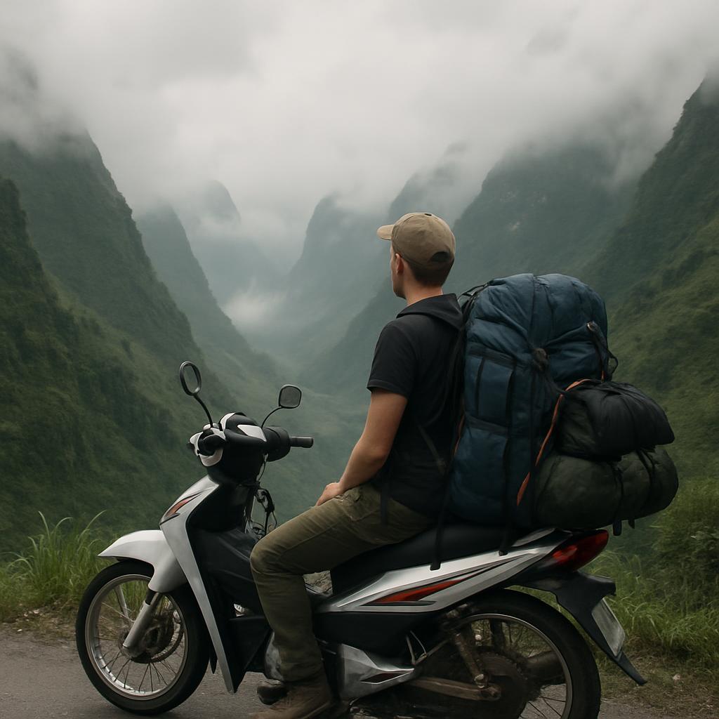 A backpacker on a 125cc scooter pausing at a misty mountain viewpoint on Vietnam's Ha Giang Loop, full luggage strapped to the back.