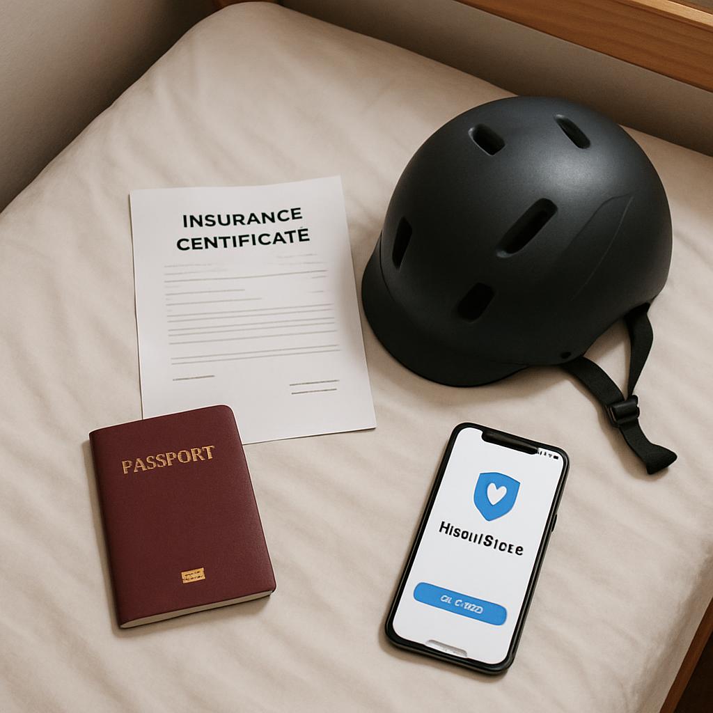 A flat-lay of travel essentials on a hostel bed — passport, printed insurance certificate, helmet, and a phone showing an insurance app.