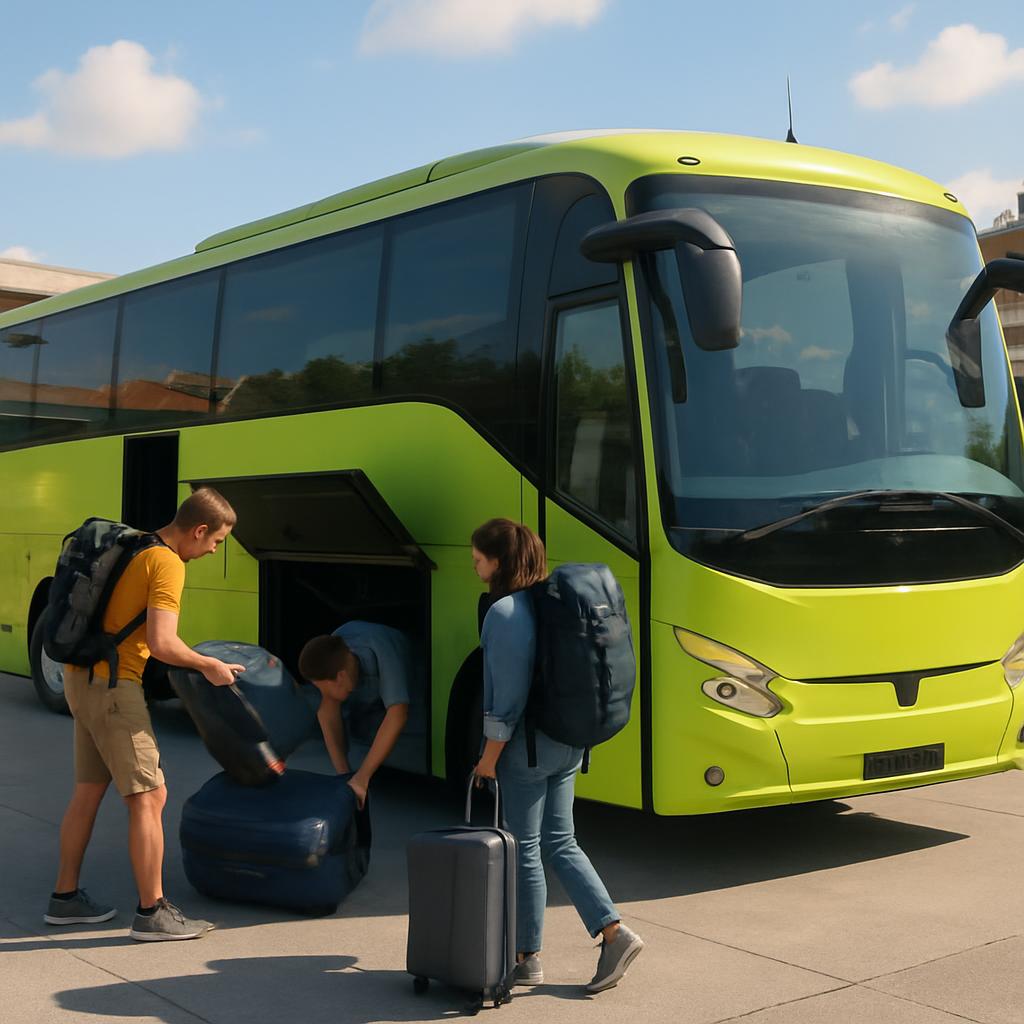 A lime-green intercity coach parked at a sunny Central European bus terminal with backpackers loading luggage into the hold.