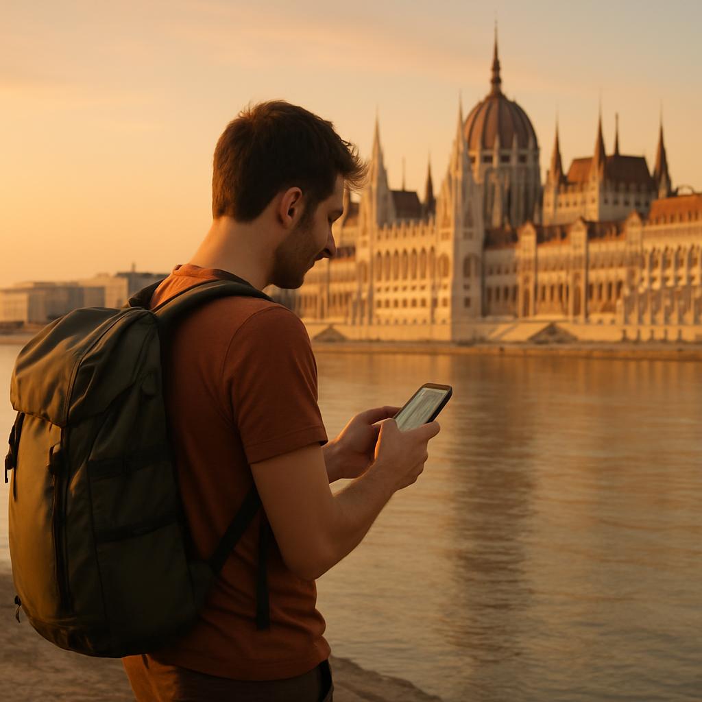 A backpacker studying a phone map beside the Danube at golden hour, Budapest's parliament building visible across the river.
