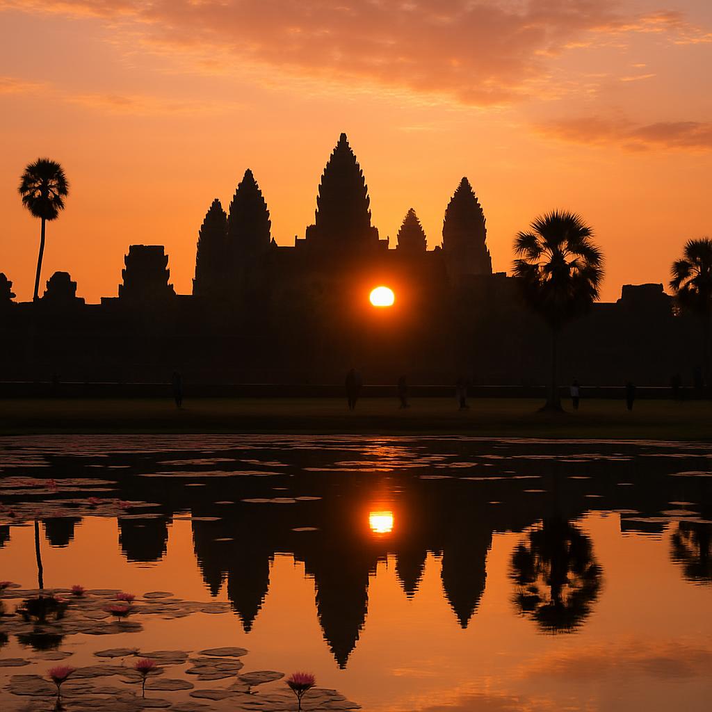Sunrise over Angkor Wat reflected in the lily pond, silhouetted temple towers against an orange and pink sky with a few early visitors in the foreground