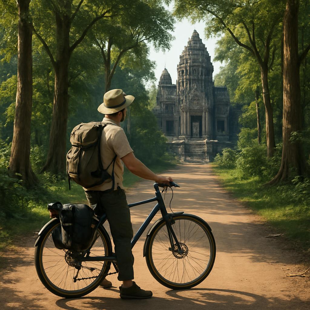 A traveler on a bicycle pausing on a tree-lined causeway inside the Angkor Archaeological Park, ancient stone temple visible through the jungle behind