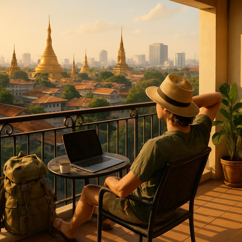 A traveler relaxing on a sunny balcony of a local apartment overlooking a Southeast Asian city skyline at golden hour, laptop and coffee on a small table.