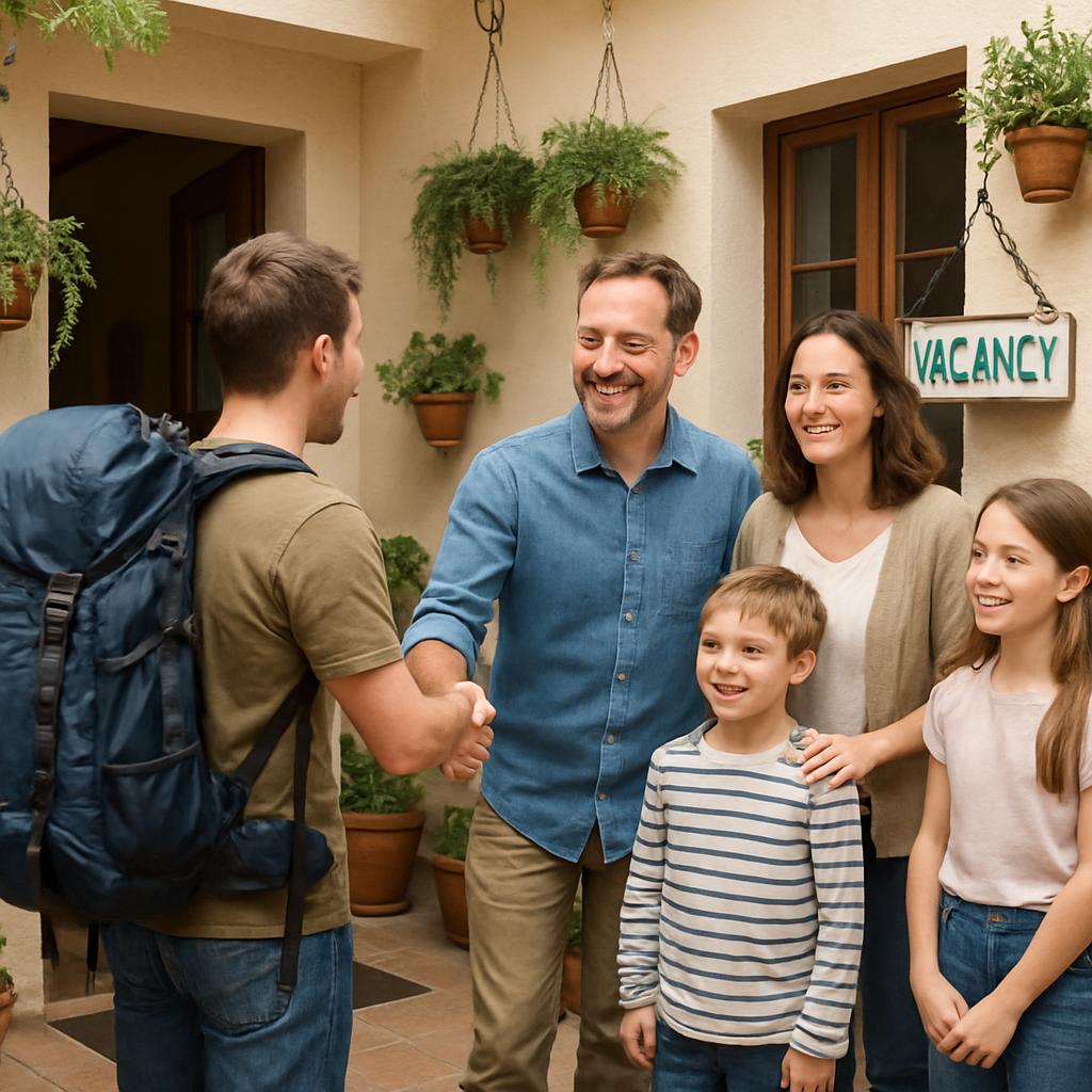 A friendly host family welcoming a backpacker into a tidy family-run guesthouse courtyard with hanging plants and a hand-painted vacancy sign.