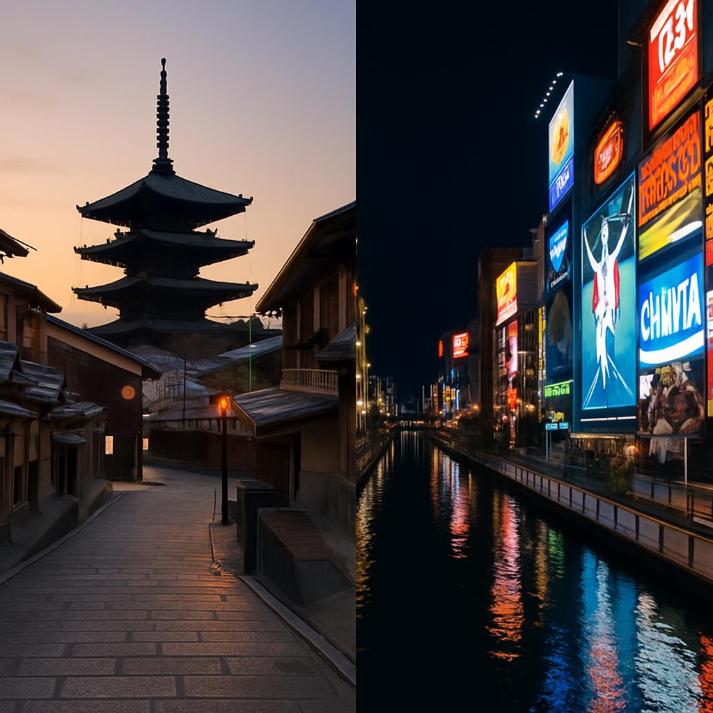 A split-frame photorealistic image showing a quiet stone temple lane in Kyoto's Higashiyama at dawn on one side and the neon-lit Dotonbori canal in Osaka at night on the other.