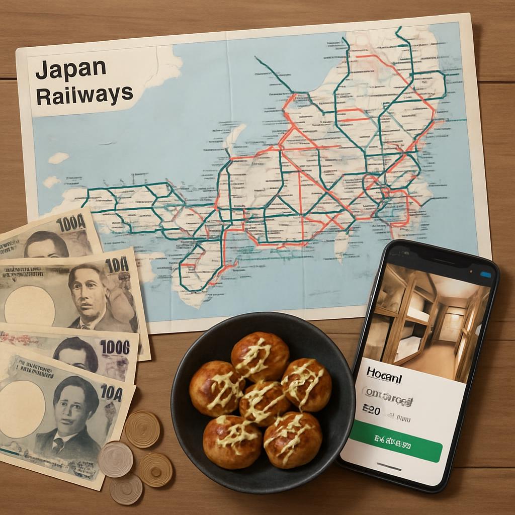 A photorealistic overhead shot of a budget traveler's desk with a Japan rail map, yen banknotes and coins, a smartphone showing a hostel booking, and a bowl of takoyaki.