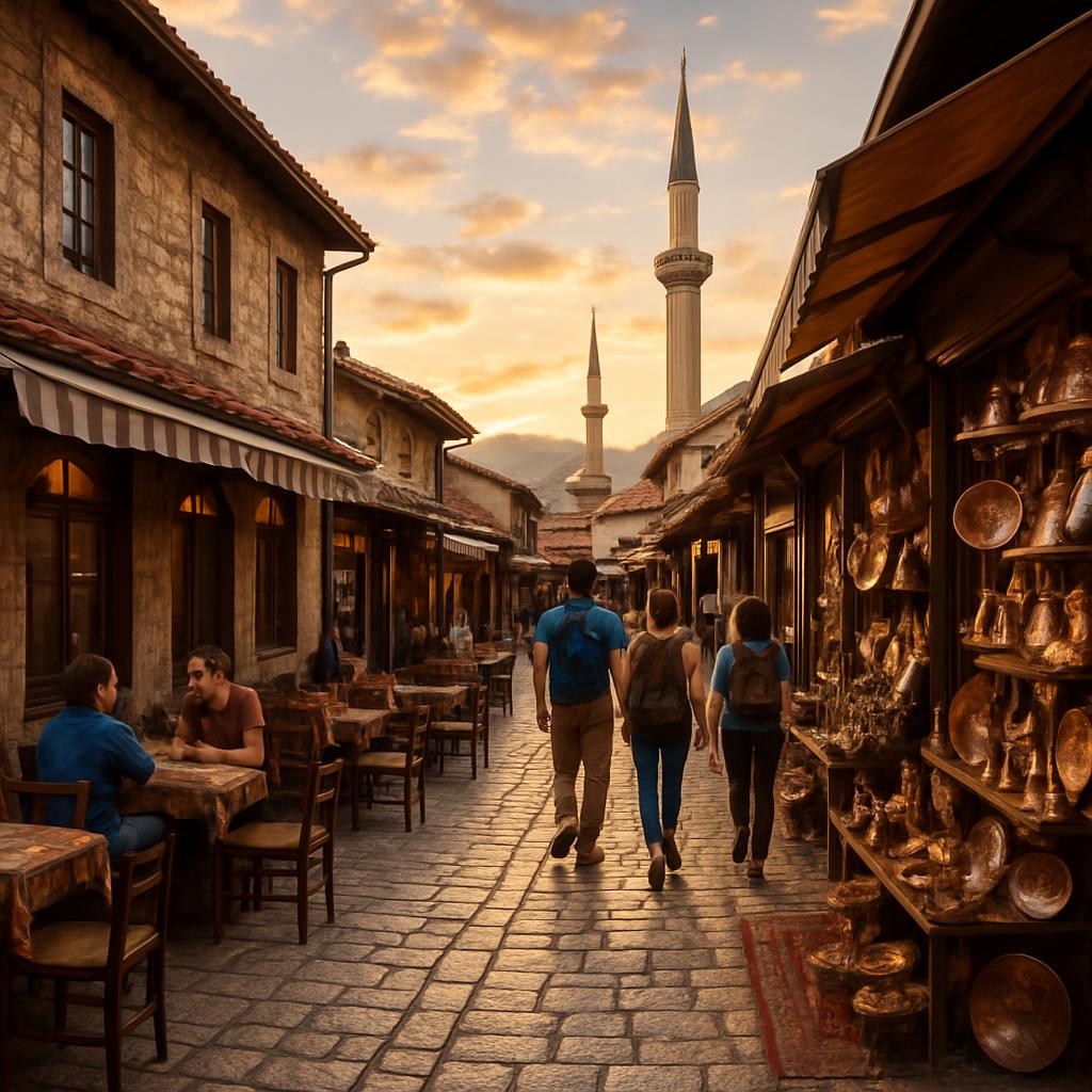A colorful Ottoman-era old town street in Sarajevo at golden hour, with cafes, copper market stalls, and travelers walking past historic stone buildings.