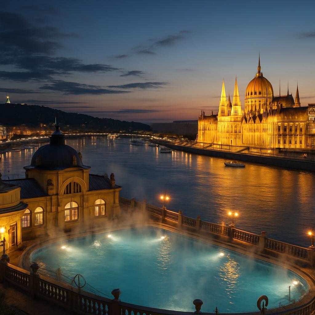 A panoramic view of Budapest's Danube riverfront at dusk, with the illuminated Parliament building and a thermal bath steaming in the foreground.