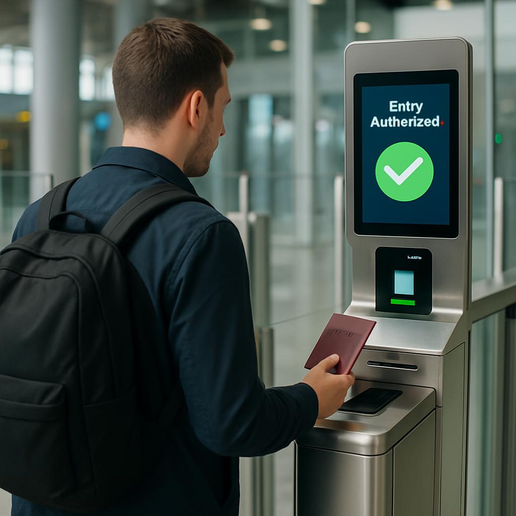 A traveler at an automated e-gate at a modern international airport, passport in hand, with a digital screen displaying entry authorization.