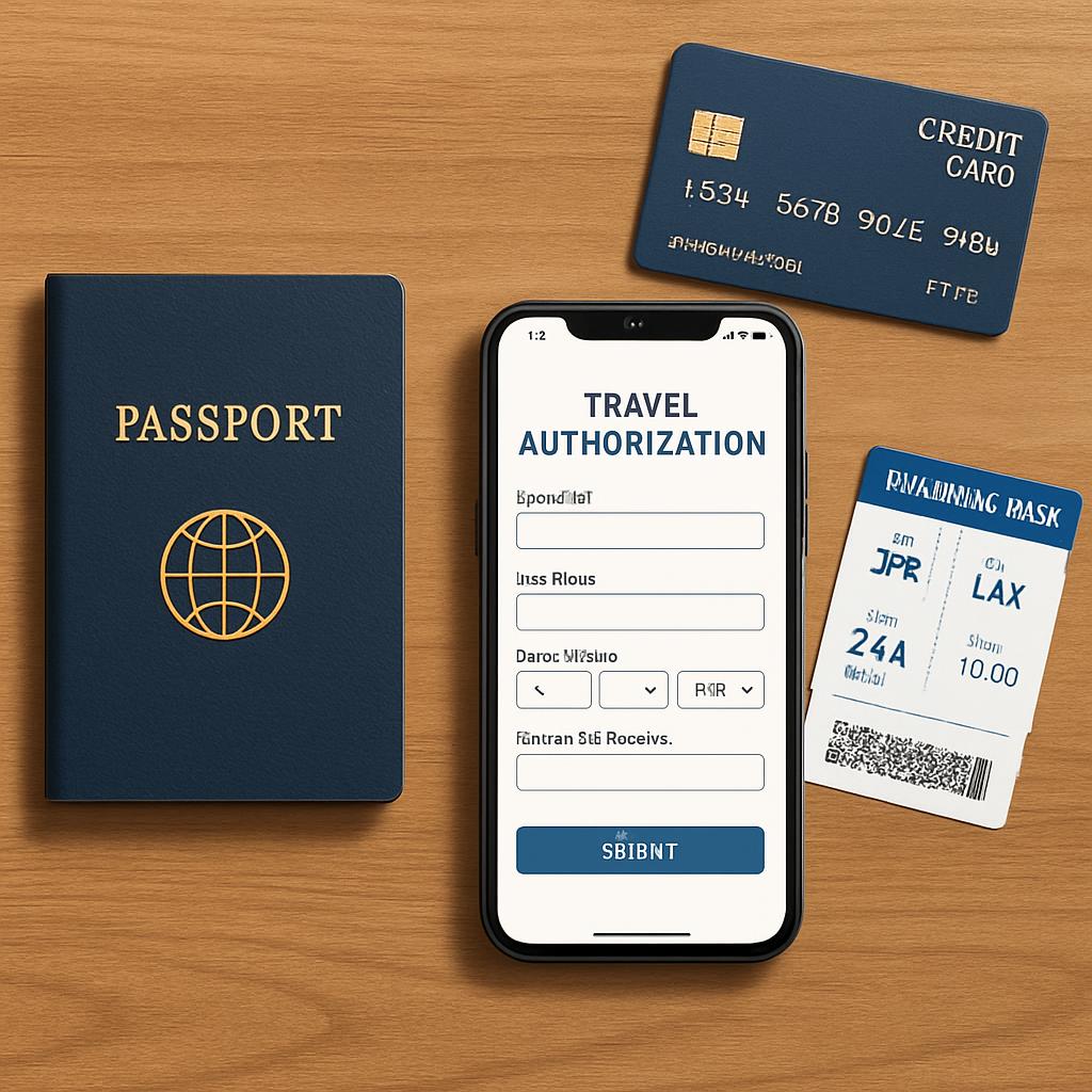 A flat-lay of a passport, a smartphone showing a travel authorization application form, a credit card, and a boarding pass on a wooden table.