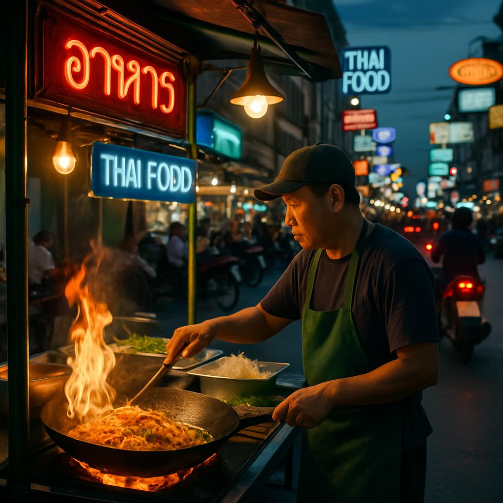 A bustling Bangkok street-food stall at dusk with a wok of pad thai, neon signage, and motorbikes passing on Khao San Road.