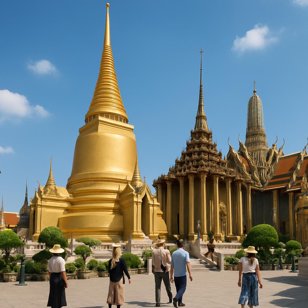 The golden spires of Wat Phra Kaew inside the Grand Palace complex under a bright blue Bangkok sky, with modestly dressed visitors walking the courtyard.