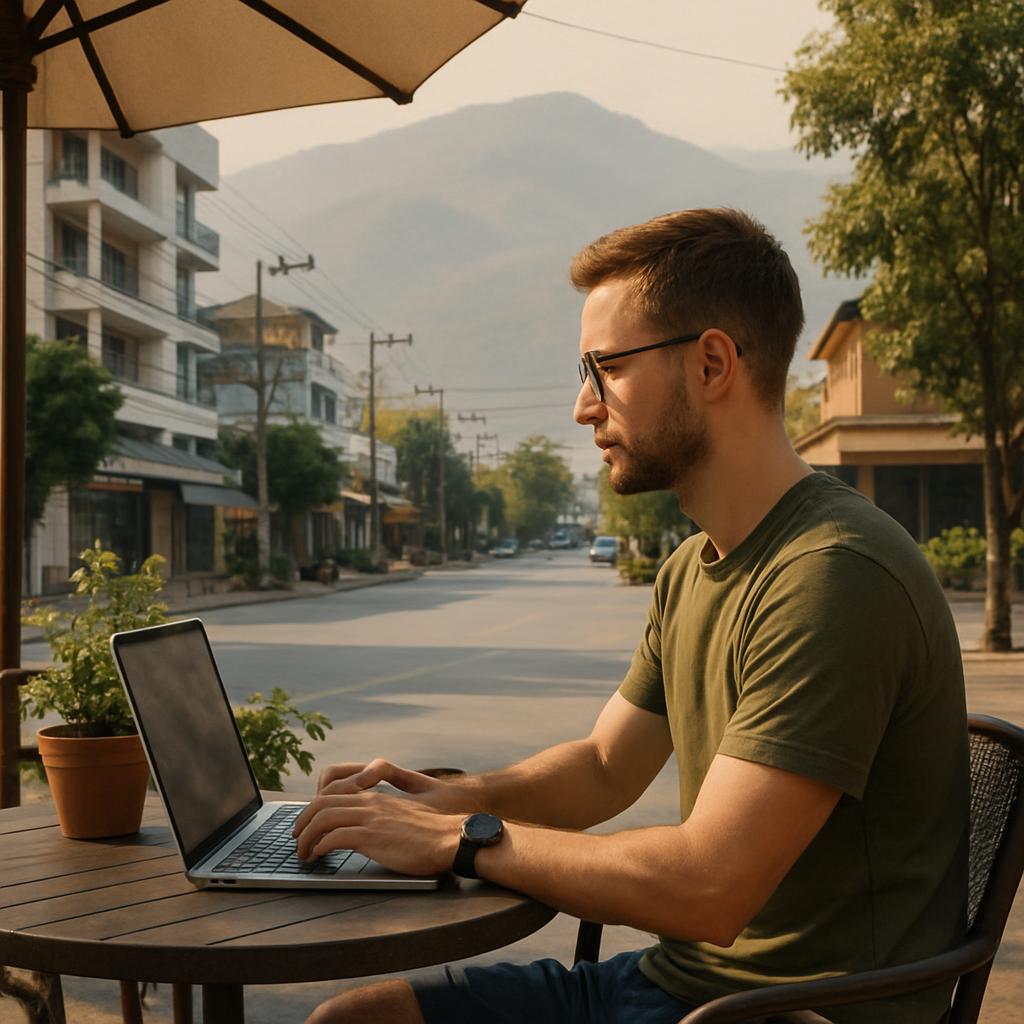 A digital nomad working on a laptop at an outdoor café table in Nimman, Chiang Mai, with Doi Suthep mountain visible in the hazy distance.