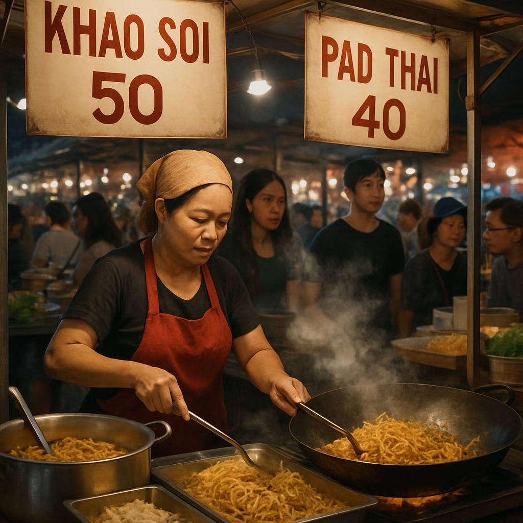 A bustling Chiang Mai night market food stall serving khao soi and pad thai, with price signs in Thai baht and steam rising from the wok.