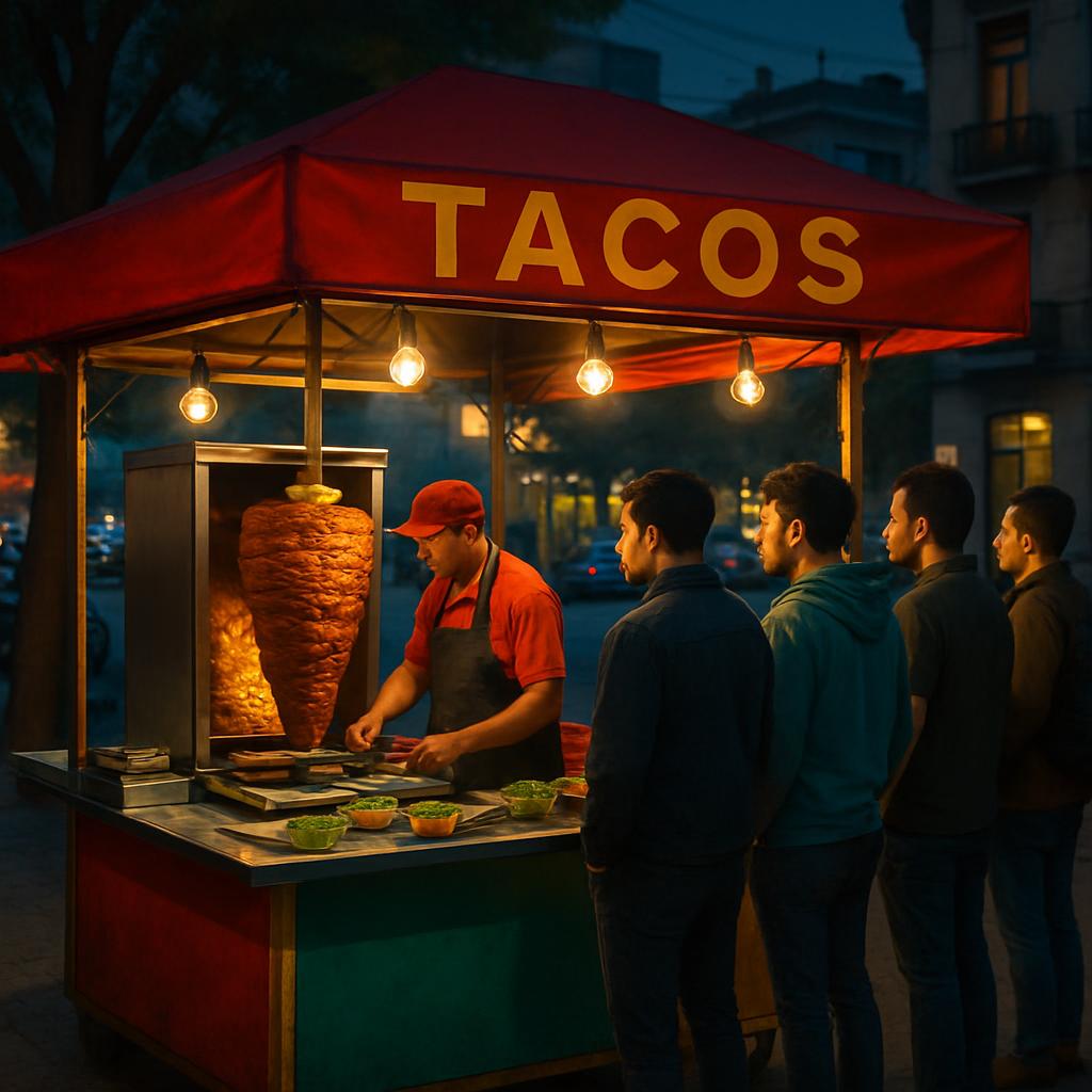 A colorful street-food taco stand at dusk in Roma Norte, Mexico City, with a rotating al pastor trompo and a line of local customers