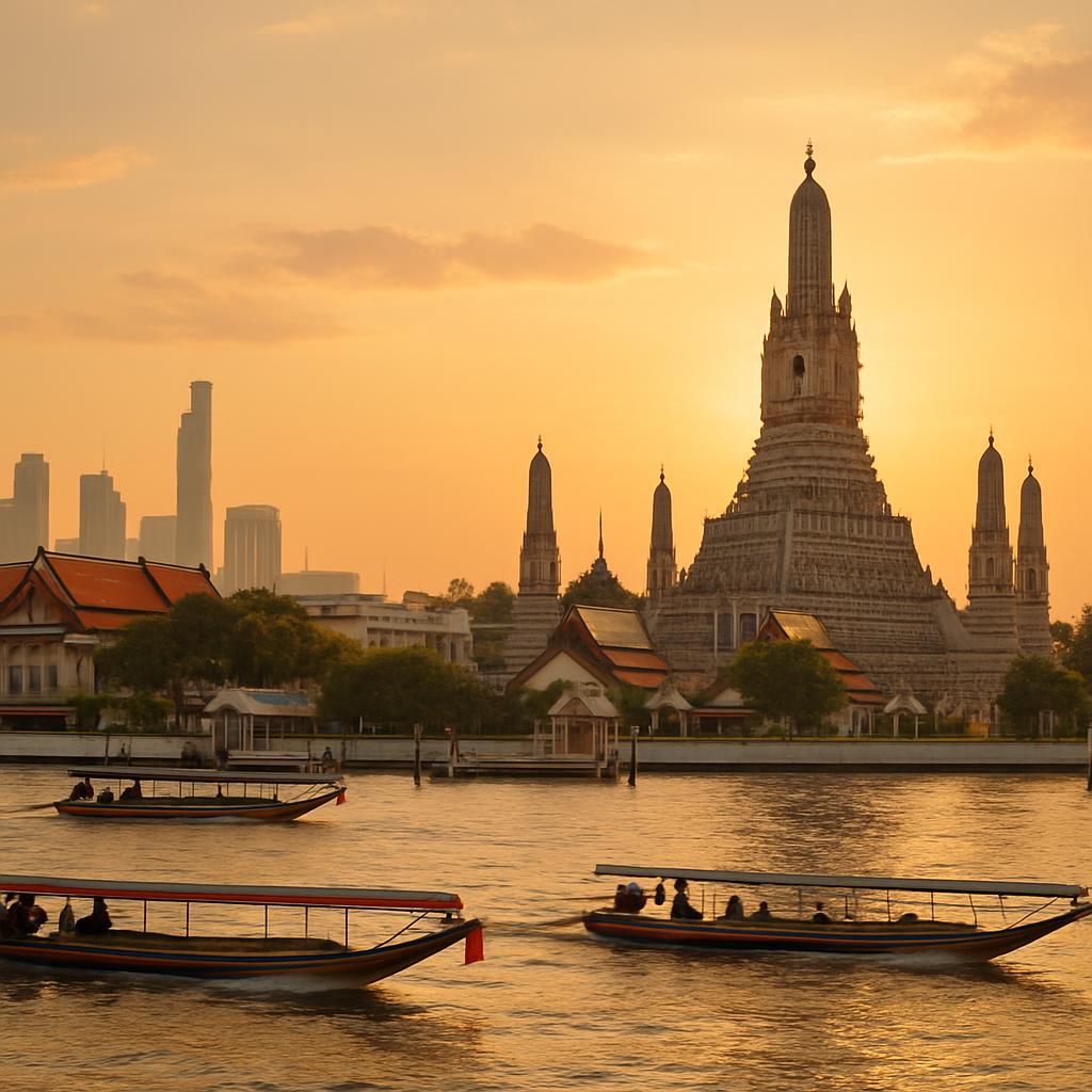 A wide golden-hour view of Bangkok's Chao Phraya River with longtail boats passing riverside temples and the modern skyline behind.