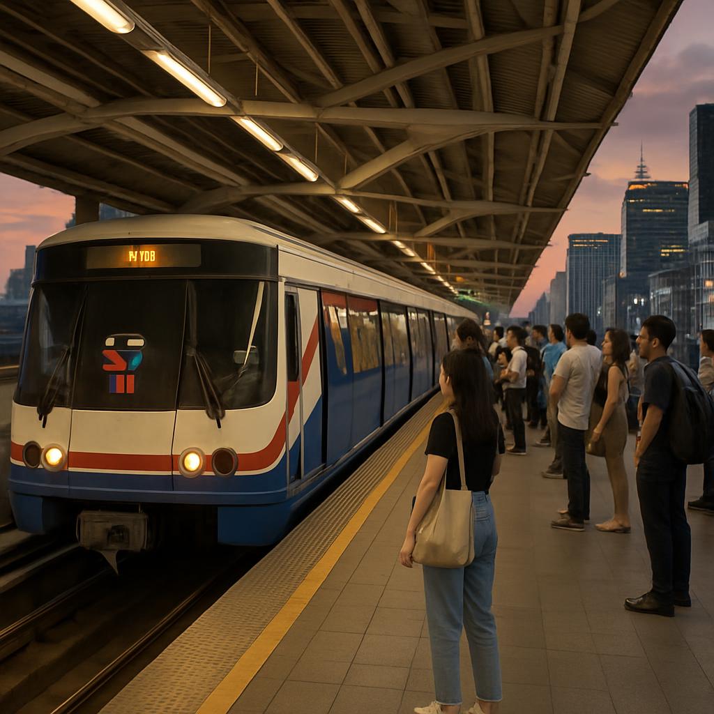 A Bangkok BTS Skytrain platform at dusk with a train arriving, commuters waiting, and the lit-up Sukhumvit skyline in the background.
