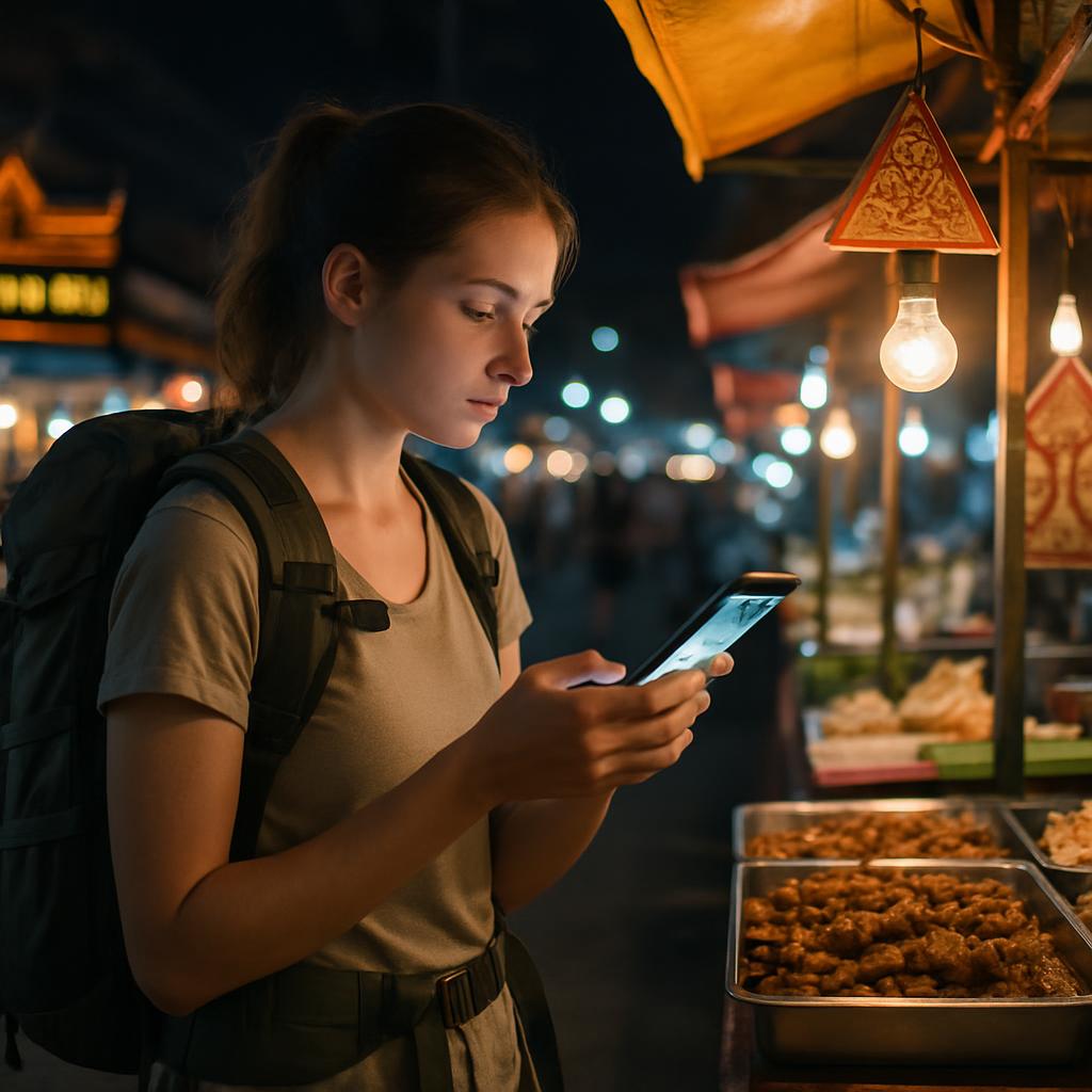 A solo female backpacker checking a ride-hailing app on her phone at a well-lit night market stall in Chiang Mai, Thailand.