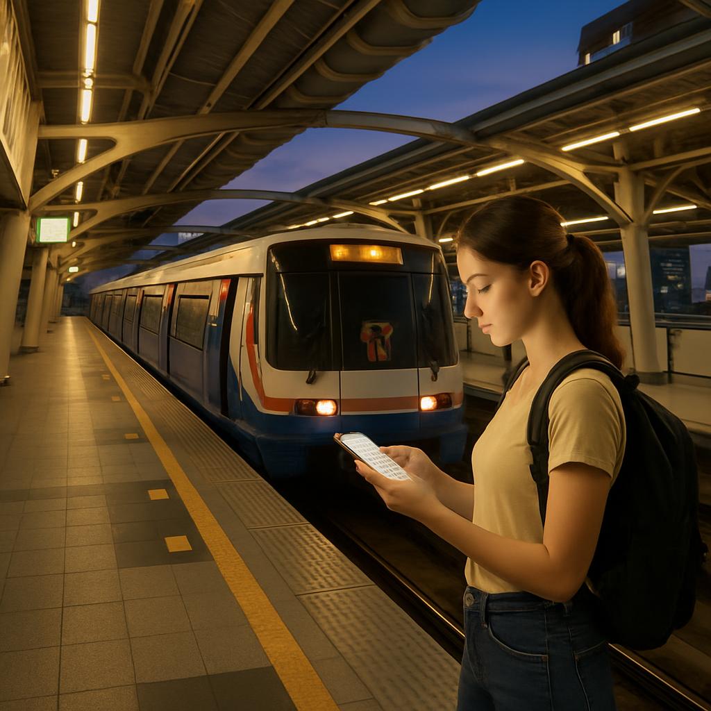 A well-lit BTS Skytrain platform in Bangkok at dusk with a solo female traveler checking a phone map, illustrating safe nighttime transit.