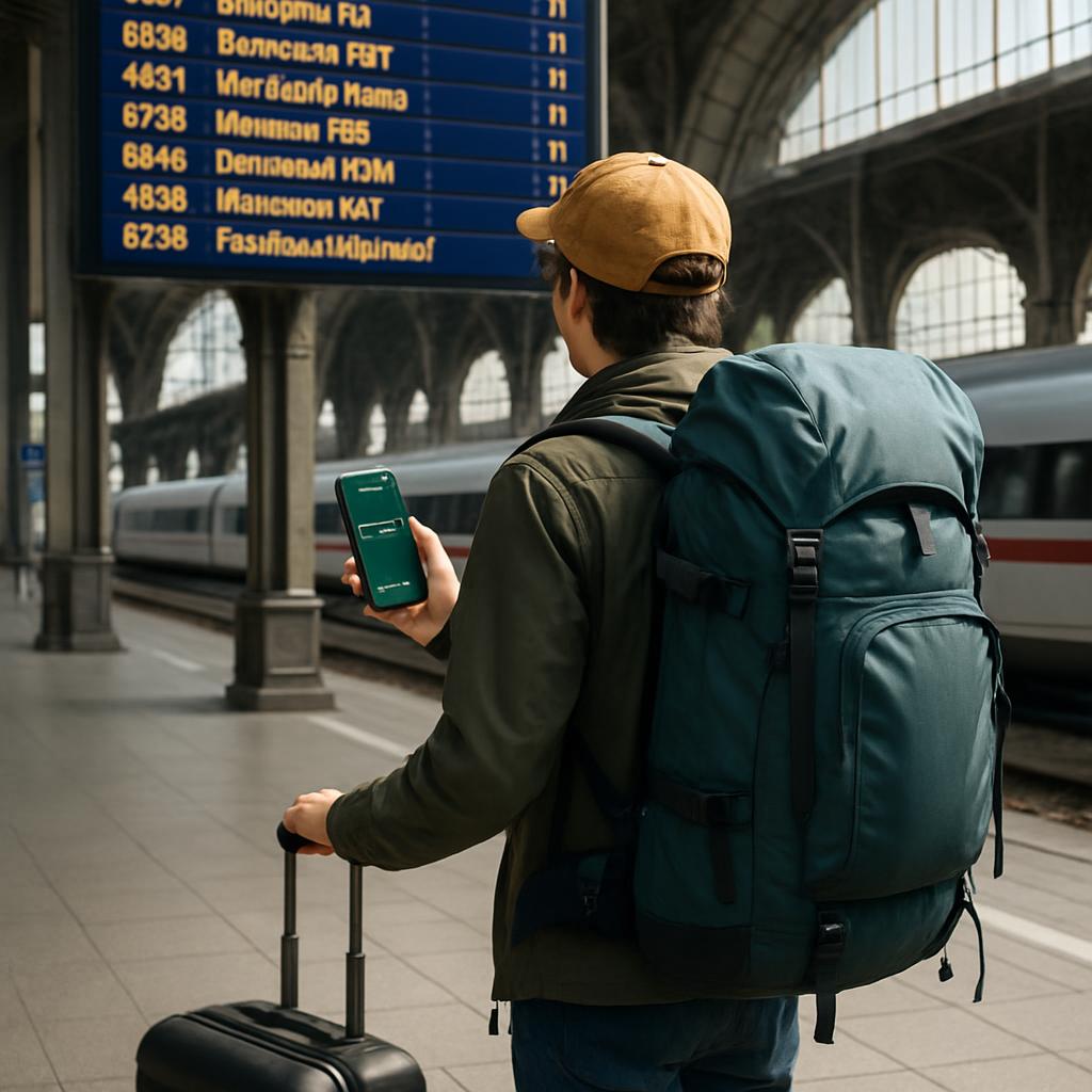 A backpacker checking a train departure board at a European railway station with a rolling suitcase and Eurail pass visible on their phone screen