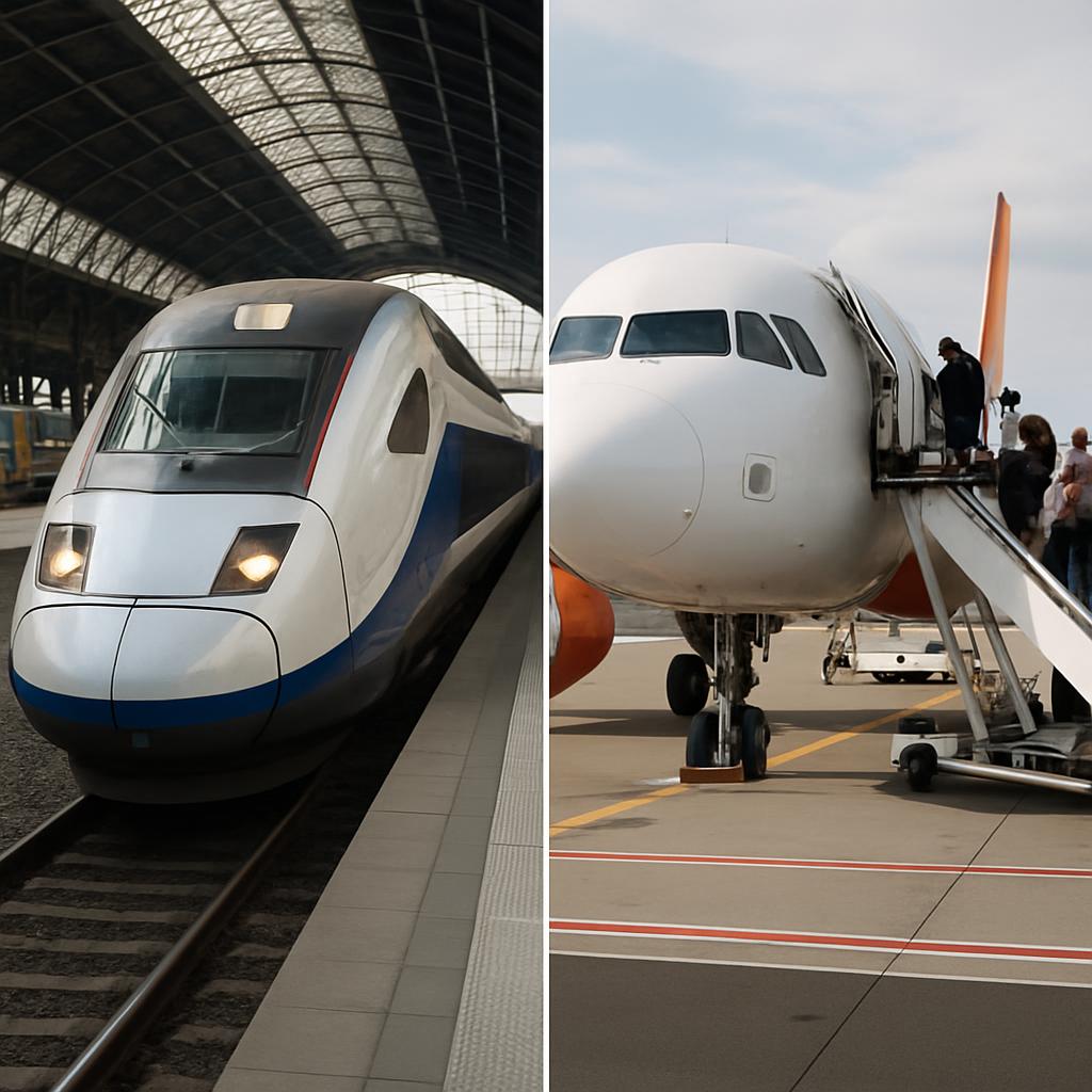 A split-screen style photo showing a high-speed European train pulling into a station on one side and a budget airline aircraft boarding at a gate on the other
