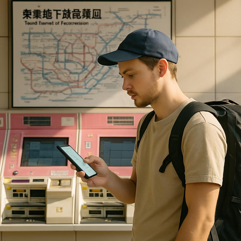 A budget traveler checking a smartphone map while standing in front of a Tokyo subway ticket machine, backpack on shoulder, morning light.
