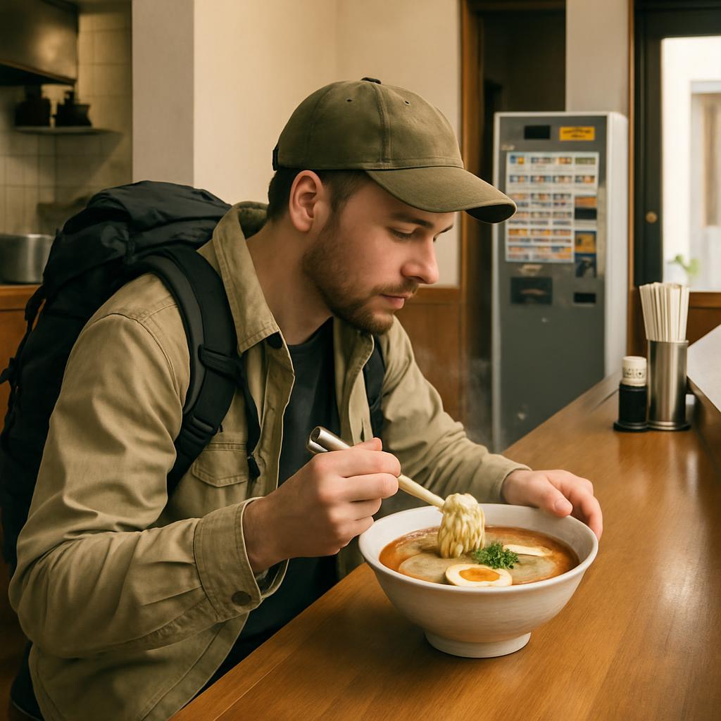 A traveler eating a bowl of ramen at a small counter-style ramen shop with a ticket vending machine visible near the entrance.