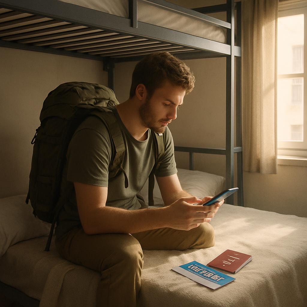 A backpacker checking a smartphone map while sitting on a hostel dorm bunk bed with a rail pass and passport visible on the blanket, soft morning light through a window