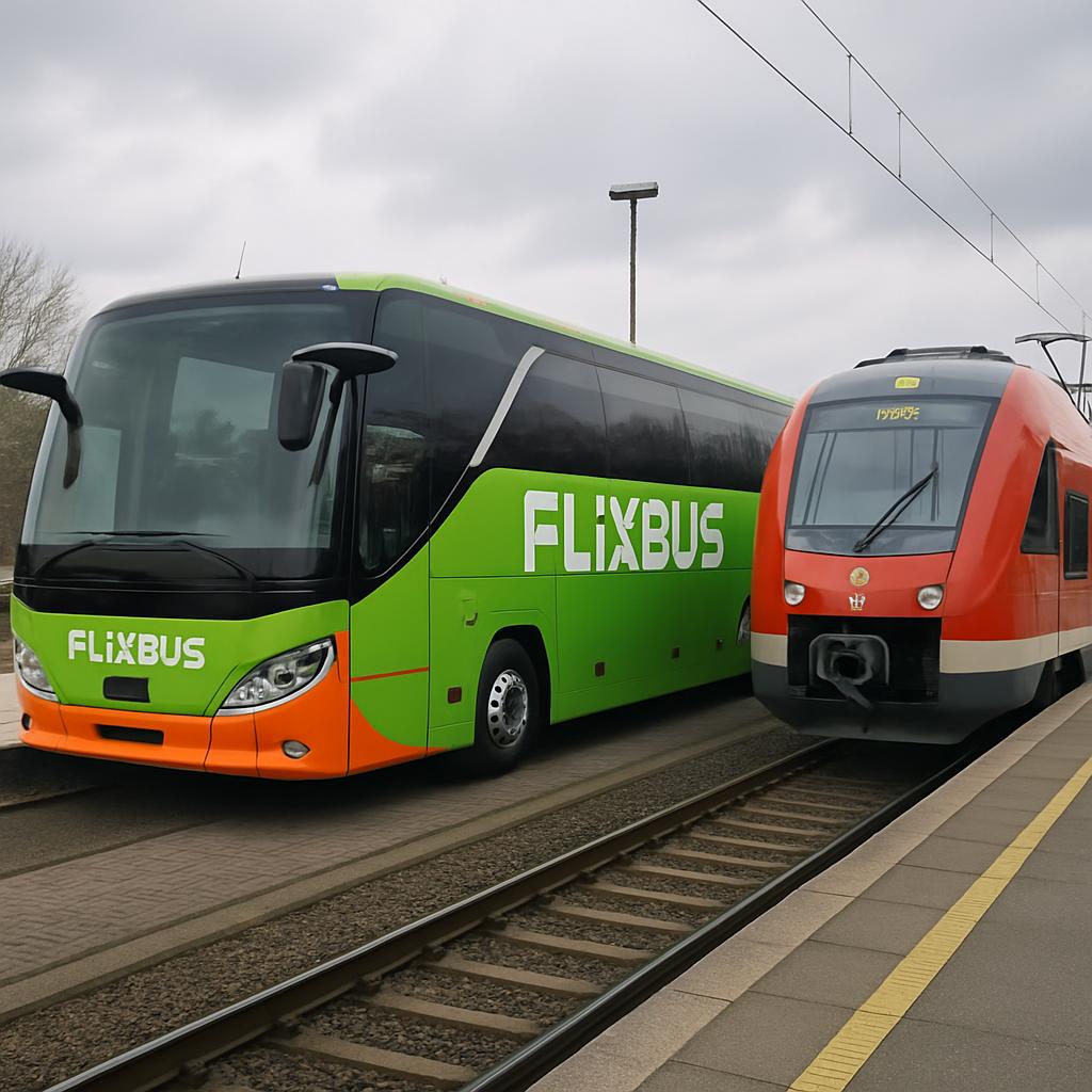 A FlixBus coach and a regional European train sitting side by side at a modest station platform in overcast daylight