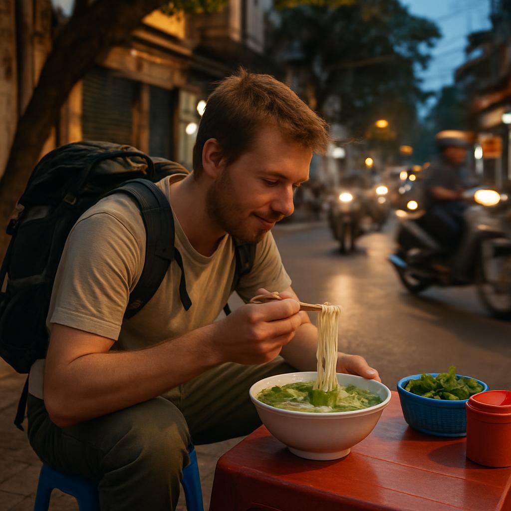 A backpacker eating street food pho at a plastic-stool sidewalk stall in Hanoi's Old Quarter at dusk, motorbikes passing in the background