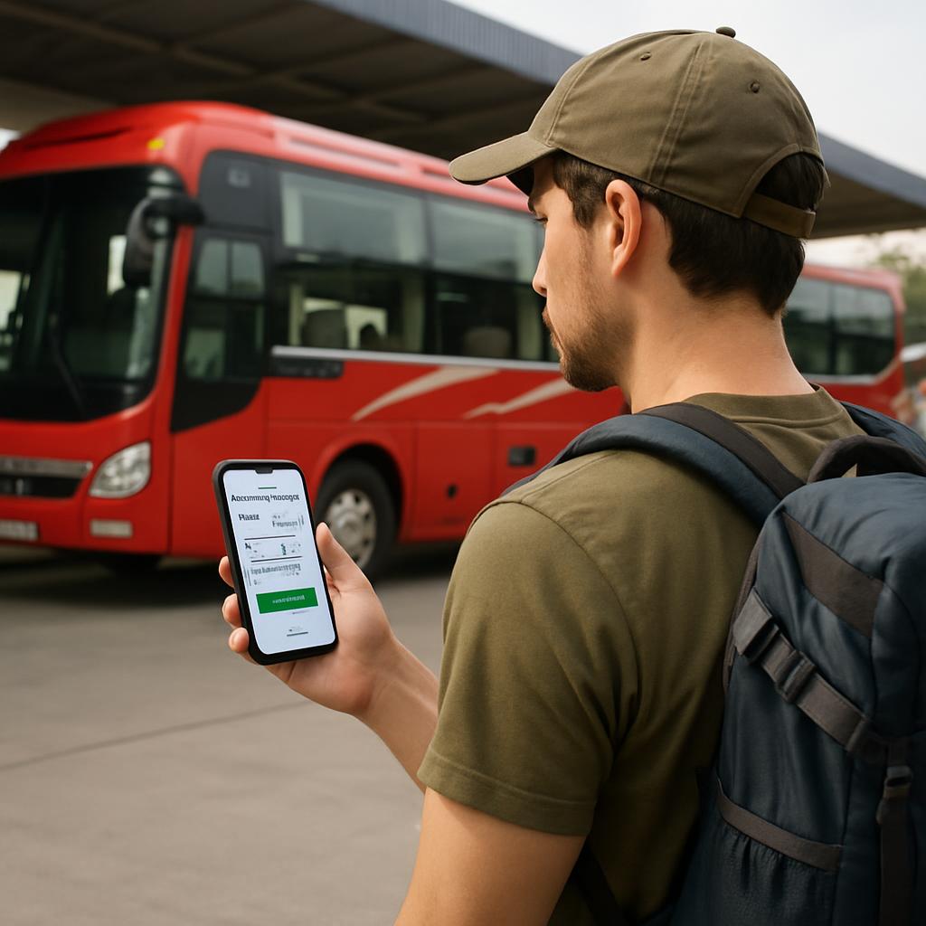 A backpacker checking a phone screen showing a bus booking app while waiting at an outdoor Vietnamese bus station with a sleeper bus in the background