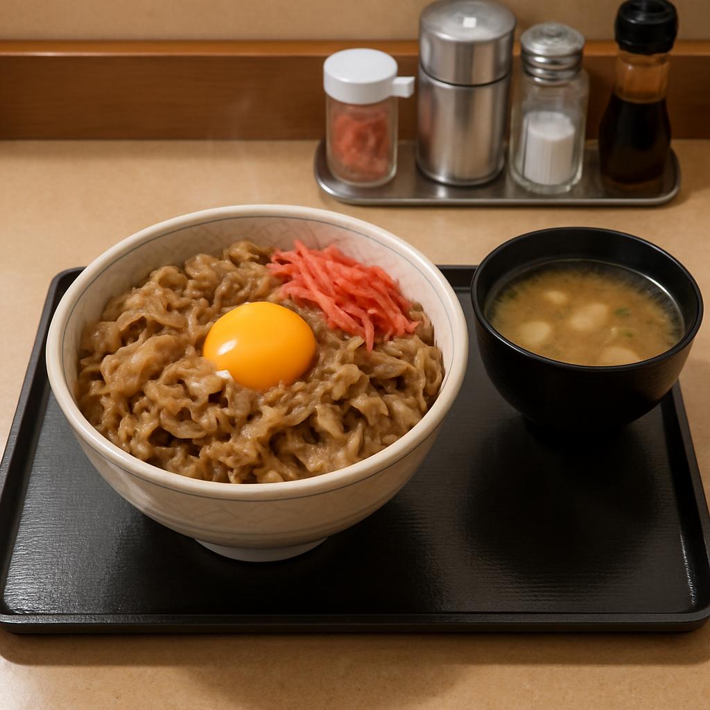 A photorealistic overhead shot of a Tokyo gyudon beef bowl chain counter seat, showing a steaming beef bowl with raw egg, pickled red ginger, and a small miso soup on a tray.