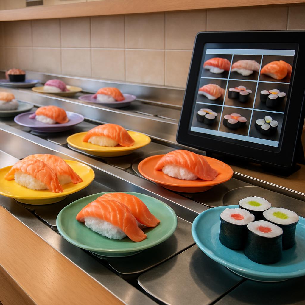 A photorealistic close-up of a conveyor belt sushi restaurant interior in Tokyo, showing colorful small plates of nigiri and maki gliding past on a belt with a touchscreen ordering tablet visible at the counter.